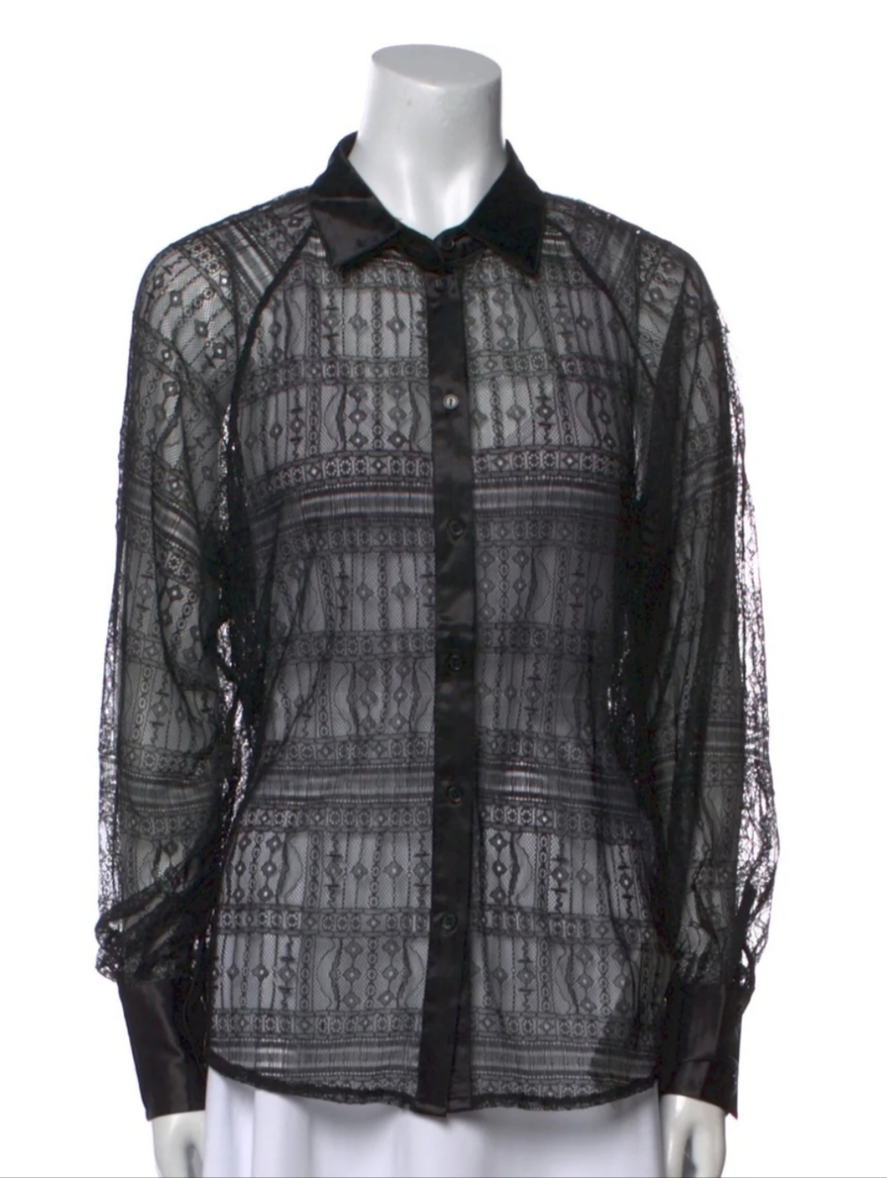 Jason Wu Black Sheer Lace Blouse with silky satin collar, trim & cuffs- elegant